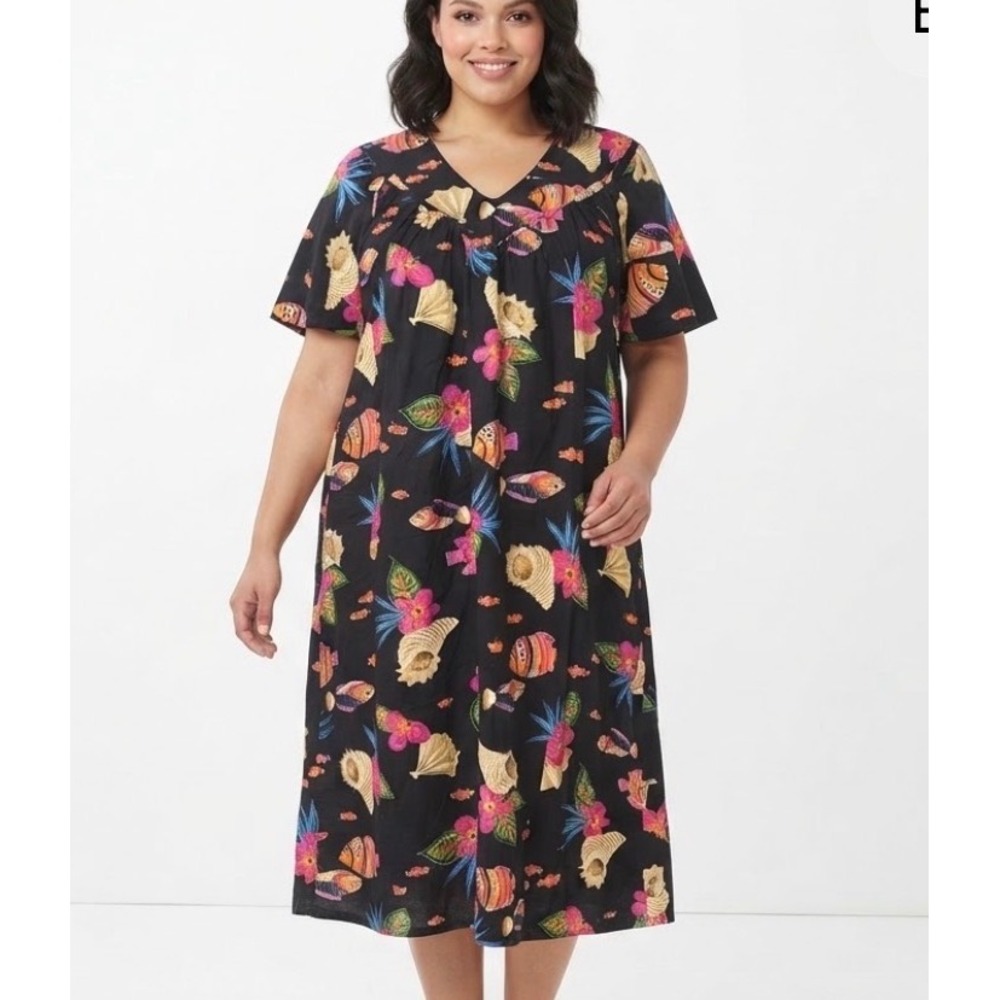 Vintage Daffodil Tropical Fish Shell Muumuu House Dress Black 1X